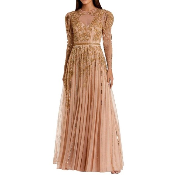 Mac Duggal $998 Gown Dress 14 Nude Gold Illusion Beaded Embellished Puff Sleeves - Picture 1 of 15